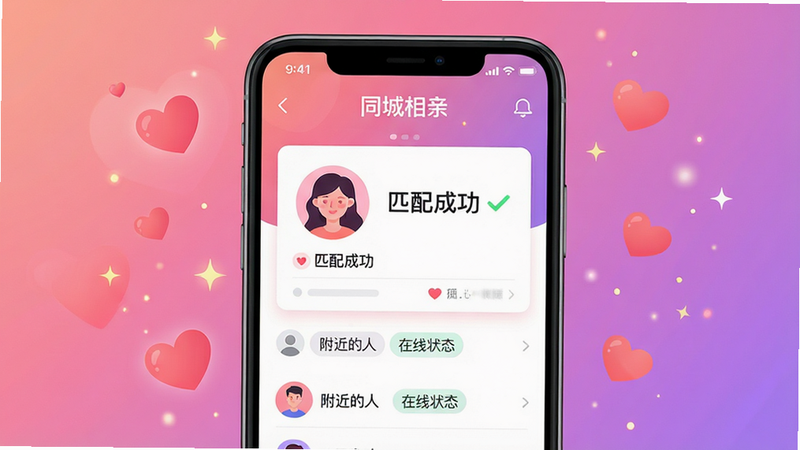 主体:一部正在运行同城相亲App的智能手机,屏幕显示用户资料卡片和匹配成功动画。布局:手机居中,背景为温馨浪漫的渐变粉色和紫色,周围漂浮着爱心和闪光粒子。排版:手机屏幕内容清晰可见,卡片上展示男女头像和“匹配成功”字样。风格:现代扁平化插画,色彩明亮柔和。细节:屏幕上有“同城相亲”Logo,下方有“附近的人”、“在线状态”等小标签。画质:高清,干净,无多余元素。