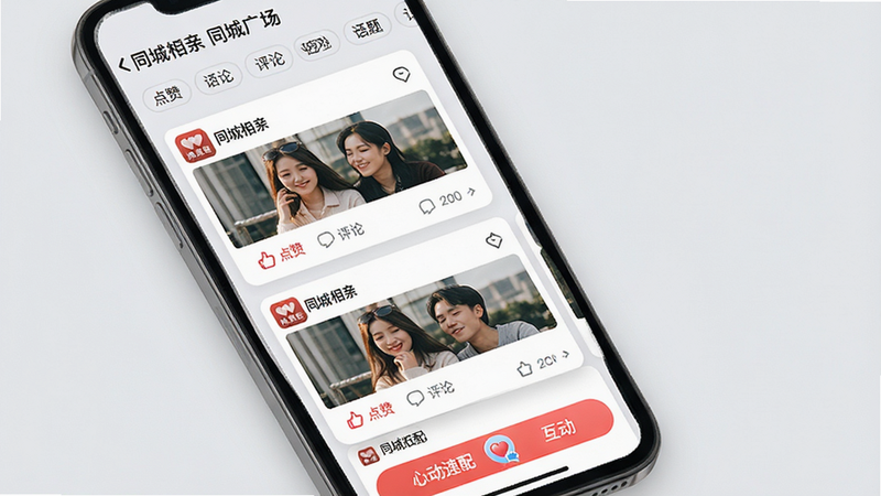 主体:手机屏幕展示同城相亲的“同城广场”页面,有用户发布的图文动态,以及“心动速配”的互动卡片。布局:顶部是话题标签,中间是瀑布流动态卡片,底部是功能按钮。排版:卡片错落有致,图片和文字搭配和谐。风格:活泼的社区风格,背景为浅灰色,卡片为白色。细节:动态下方有“点赞”、“评论”按钮,卡片上有“同城相亲”小Logo。画质:高清,干净,无多余元素。