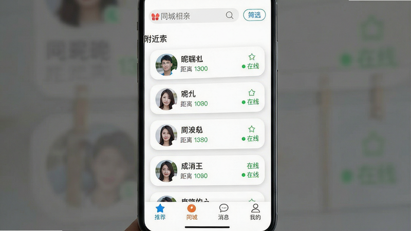 主体:一张手机App界面截图,展示同城相亲的“附近的人”列表,每张卡片显示头像、昵称、距离和在线状态。布局:界面采用列表式布局,顶部有搜索栏和筛选按钮。排版:卡片信息简洁清晰,距离用绿色小字标注。风格:清新简洁的UI设计,白色背景,卡片有圆角和阴影。细节:界面左上角有“同城相亲”文字Logo,底部有“推荐”、“同城”、“消息”、“我的”四个标签栏。画质:高清,干净,无多余元素。