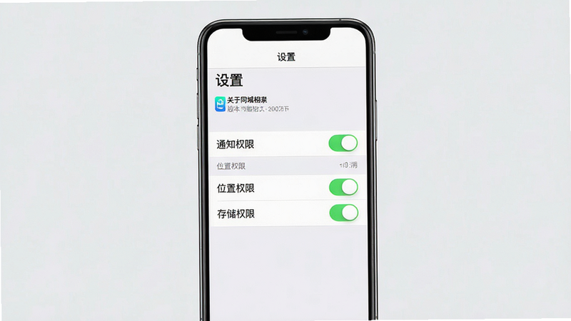 主体:一部手机屏幕显示同城相亲App的设置页面,有“通知权限”、“位置权限”、“存储权限”等开关。布局:手机居中,背景为浅灰色。排版:设置项清晰排列,开关状态明显。风格:简洁的iOS风格设置界面。细节:屏幕顶部有“设置”标题,下方有“关于同城相亲”的版本信息。画质:高清,干净,无多余元素。