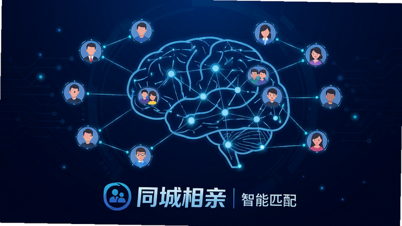 主体:一个抽象的AI大脑网络图,节点上有人物头像,线条连接形成匹配对。布局:网络图居中,背景为深蓝色科技感渐变。排版:节点清晰,连接线发光。风格:科技感、智能感,扁平化与线稿结合。细节:图像下方有“同城相亲”文字Logo,旁边有“智能匹配”字样。画质:高清,干净,无多余元素。