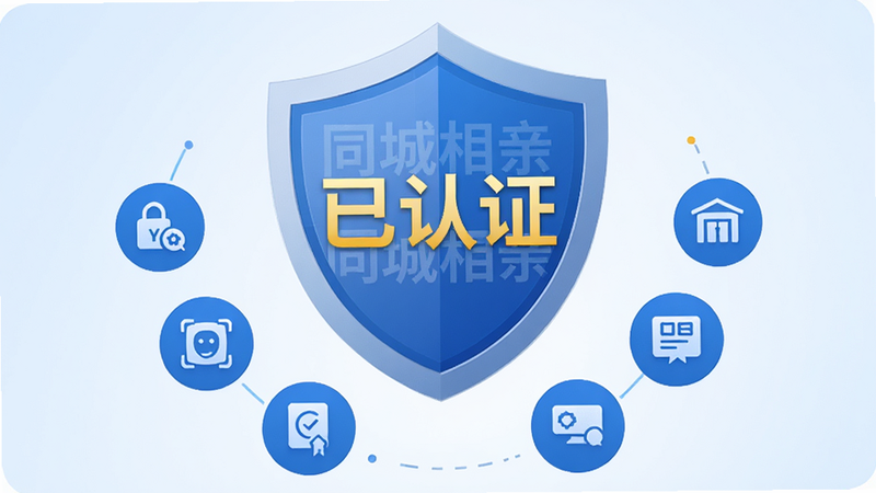主体:一个盾牌图标,盾牌上有“已认证”字样,周围环绕着身份认证、人脸识别、学历认证等小图标。布局:盾牌居中,小图标呈半圆形排列在盾牌下方。排版:文字清晰,“已认证”为金色,其他图标为蓝色。风格:科技感与安全感并重的扁平化设计,背景为淡蓝色渐变。细节:盾牌上有“同城相亲”水印,整体给人可靠的感觉。画质:高清,干净,无多余元素。