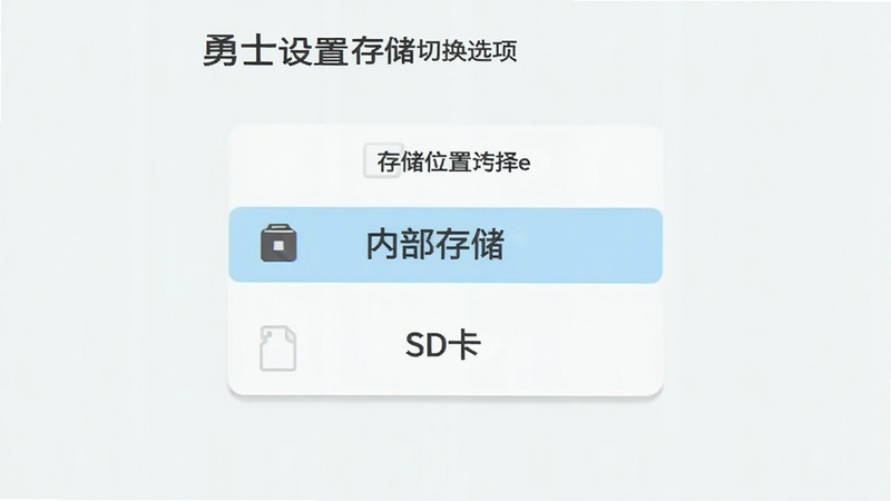 单词勇士设置界面与存储切换选项,展示存储位置选择菜单,包含“内部存储”与“SD卡”选项,界面简洁,文字清晰,背景为浅色,无多余元素