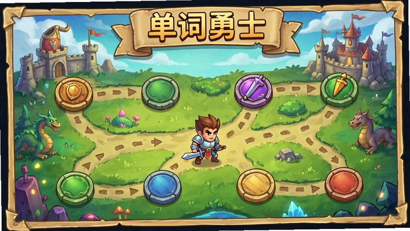 单词勇士闯关地图界面,显示多个关卡节点与勇士角色前进路线,背景为手绘风格奇幻世界,地图上标注“单词勇士”字样,排版有序,色彩鲜艳,画质细腻,无多余元素