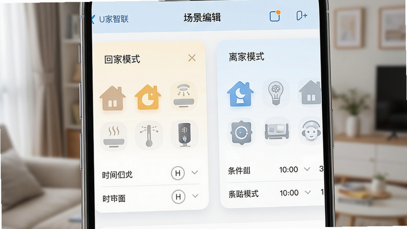 ����һ��U�������ĳ����������ý��棬����Ϊ�ֻ��ϵĳ����༭ҳ�棬չʾ���ؼ�ģʽ���͡����ģʽ������������Ƭ��ÿ����Ƭ�ڰ�������豸ͼ�����������ѡ����ֲ������ҷ�����������£���ɫ��ͣ�ϸ�ڰ���ʱ��ѡ�������豸ͼ�꣬���ʸ��壬�ɾ�������Ԫ��