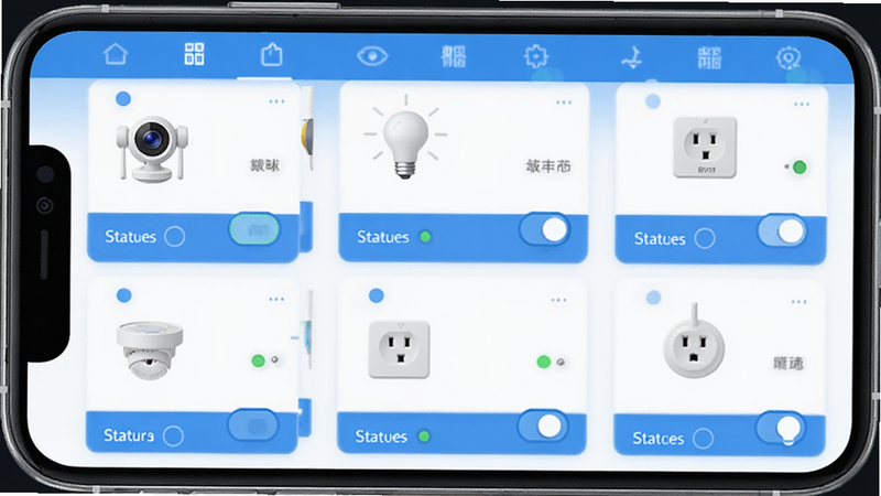 ����һ��U������App���豸��������ͼ������Ϊ�ֻ���Ļ�е��豸�б�����������ͷ�����ݡ�������ͼ�꣬ÿ���豸��Ƭ���п��ذ�ť��״ָ̬ʾ�ƣ��������룬�Ű�����������ƽ����������ɫ��ϸ�ھ��£����ʸɾ����޶���Ԫ��