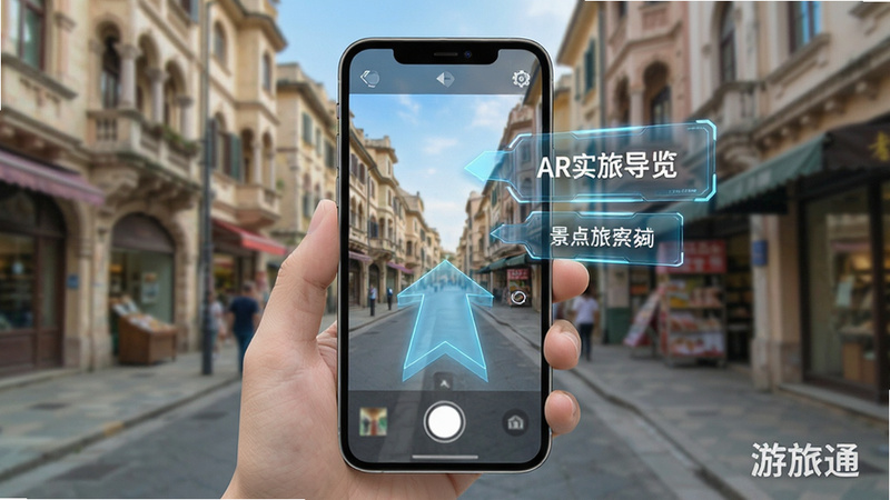 游旅通AR实景导览功能演示,手机摄像头画面中叠加了半透明的方向箭头和景点名称标牌,背景为真实街道建筑,屏幕右下角有“游旅通”水印,界面科技感十足,画面明亮清晰,无多余元素