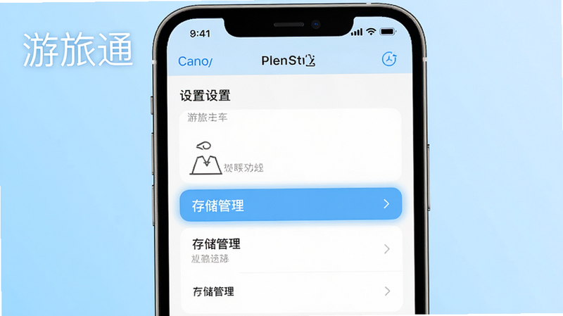 游旅通使用教程插图,手机屏幕显示设置菜单,高亮显示“存储管理”选项,背景为浅蓝色渐变,界面简洁,配文“游旅通”三个字,画质清晰,干净整洁