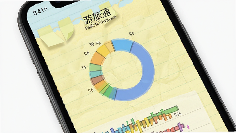 游旅通旅行账单功能截图,手机屏幕显示圆环统计图和各分类消费条形图,色彩鲜艳,背景为淡黄色便签纸纹理,界面清晰标注“游旅通”字样,风格简洁明快,高清画质,无多余元素
