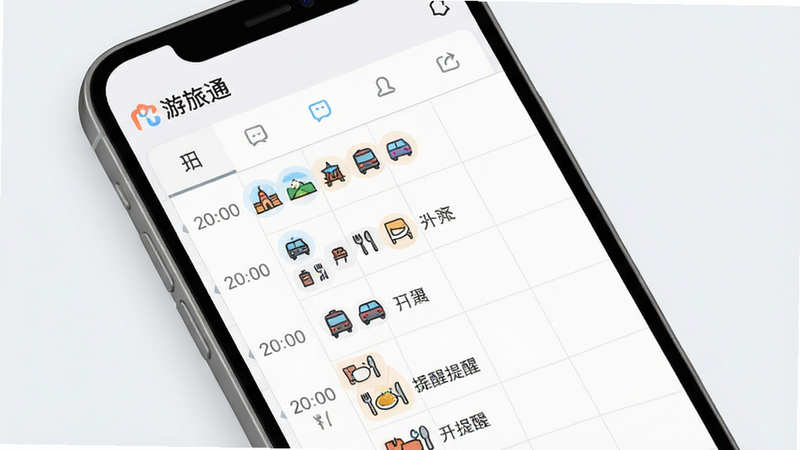 游旅通智能行程规划功能截图,手机界面中显示一张详细的日程时间表,包含景点图标、交通方式小图标和用餐提醒,背景为柔和的浅灰色网格,界面清晰标注“游旅通”软件名称,现代简约风格,高分辨率,干净无杂物