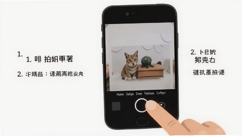 一张简洁的示意图,展示在手机上使用简单拍应用拍摄照片的步骤,画面中手部点击快门按钮,旁边有简要文字步骤说明,背景干净,画质清晰,无多余元素。