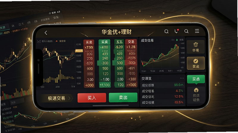 主体:手机横屏显示“华金优+理财”的交易界面,有买卖五档报价、分时图和成交记录。布局:手机居中,背景为深色木纹桌面,手机周围有金色光效。排版:手机占画面75%,左侧为行情图表,右侧为交易按钮。风格:高端金融风,深色背景搭配金色数据。细节:买卖盘口数字清晰,买入按钮为红色,卖出按钮为绿色,底部有“极速交易”字样。画质:超清渲染,干净,无多余元素。