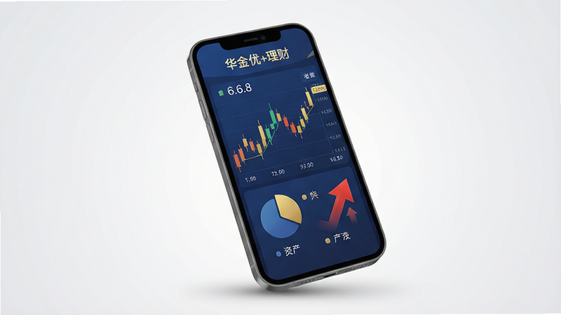 主体:一部亮着屏幕的智能手机,屏幕上显示“华金优+理财”APP界面,界面中有K线图、资产饼图、红色上涨箭头。布局:手机居中,背景为浅灰色渐变,手机略微倾斜,屏幕内容清晰可见。排版:手机占画面70%,周围留白,下方有淡淡的阴影。风格:现代商务风,扁平化设计,色彩以深蓝和金色为主。细节:屏幕上的数据图表清晰,数字“6.6.8”出现在角落,整体光线柔和。画质:高清渲染,干净,无多余元素。