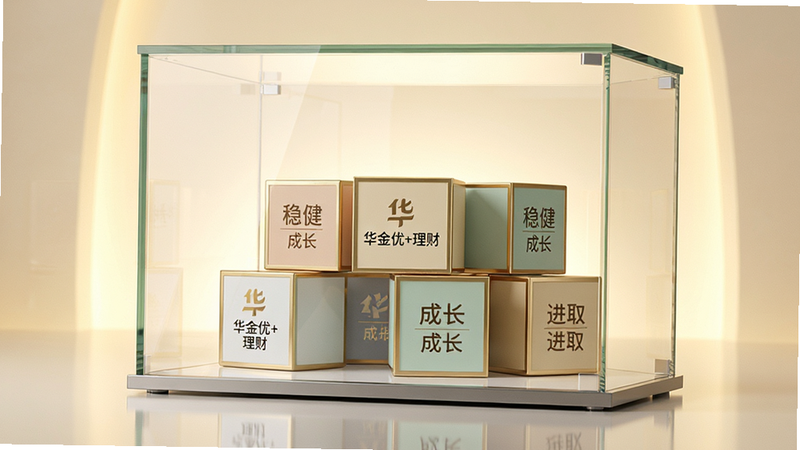 主体:一个透明的玻璃展柜,里面摆放着不同颜色的立方体,每个立方体上印有“华金优+理财”的图标和“稳健”、“成长”、“进取”等字样。布局:展柜居中,背景为柔和的暖光,地面有倒影。排版:展柜占画面80%,立方体错落有致。风格:轻奢简约风,浅金色与白色为主。细节:每个立方体有金色描边,展柜玻璃反光自然。画质:高清质感,干净,无多余元素。