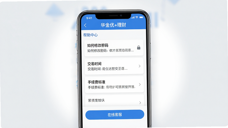 主体:一张手机截图,显示“华金优+理财”的“帮助中心”页面,包含常见问题列表和在线客服按钮。布局:手机居中,背景为浅灰色,手机周围有柔和的光晕。排版:手机占画面80%,屏幕内容清晰。风格:清新简洁风,以蓝色和白色为主。细节:列表中有“如何修改密码”、“交易时间”、“手续费标准”等问题,底部有“在线客服”按钮。画质:高清,干净,无多余元素。