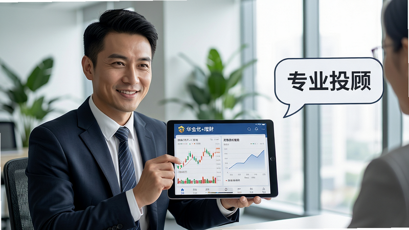 主体:一位专业投资顾问正在用平板电脑向客户展示“华金优+理财”APP中的投资报告,图表为K线和收益曲线。布局:人物在画面左侧,平板在中间,背景为现代办公室,有绿植和明亮窗户。排版:人物与平板占画面70%,右侧有文字气泡“专业投顾”。风格:写实商务风,自然光线。细节:顾问穿着正装,面带微笑,平板屏幕清晰显示“华金优+理财”界面。画质:高清摄影,干净,无多余元素。