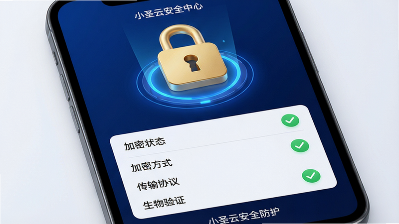 ���壺Сʥ��App�İ�ȫ���Ľ��棬��ʾ������ͼ���밲ȫ��ⱨ�档���֣��Ϸ�Ϊ������3Dͼ�꣬�·�Ϊ��ȫ״̬�б����������ܷ�ʽ������Э�顢������֤����Ŀ���Ű棺��Ϣ�㼶�������Ӿ����㼯������ͼ�ꡣ�������ɫ�������Ƽ���ʮ�㣬��ɫ��ͼ���׺��ϸ�ڣ���ͼ����Χ����ɫ���Σ���ȫ��Ŀ������ɫ�Թ�����Ļ�ײ���