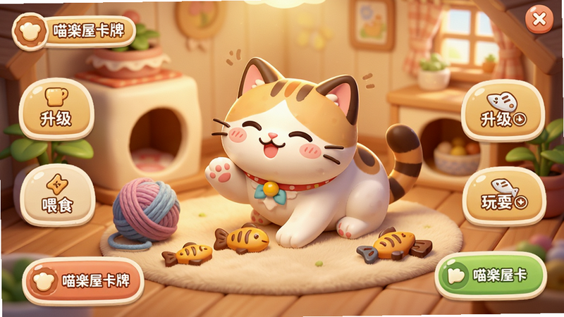 ���壺һֻ��ͨè������ܰ��è������ˣ����Χ��ë����С��ɵȵ��ߣ�������ʾ����ѡ����֣�è��λ�����룬��Χ����������ιʳ����ˣ��ť������Ϊè���ڲ����Ű棺����UI����Բ����ƣ���ť���С����ݿ��ơ���ʶ���������ϵ��ͨ�磬ůɫ��������װ����ܰ��ϸ�ڣ�è��������ܣ�����ϸ�ڷḻ������ɾ������ʣ���͹�Ӱ�������ʸУ��޶���Ԫ�ء�