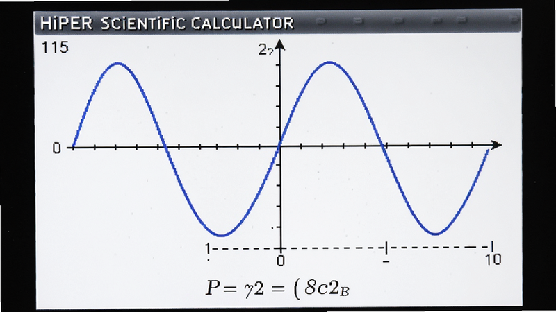 ���壺HiPER Scientific Calculator���ƺ���ͼ�񡣲��֣���Ļ��ʾһ��ƽ�����������ߣ��������������Ű棺ͼ��ռ��Ҫ�����·��к�������ʽ����񣺼�����죬����Ϊ��ɫ��������ɫ��ϸ�ڣ��������п̶ȣ����ߴ���ԭ�㡣���ʣ����壬�޶���Ԫ�ء�