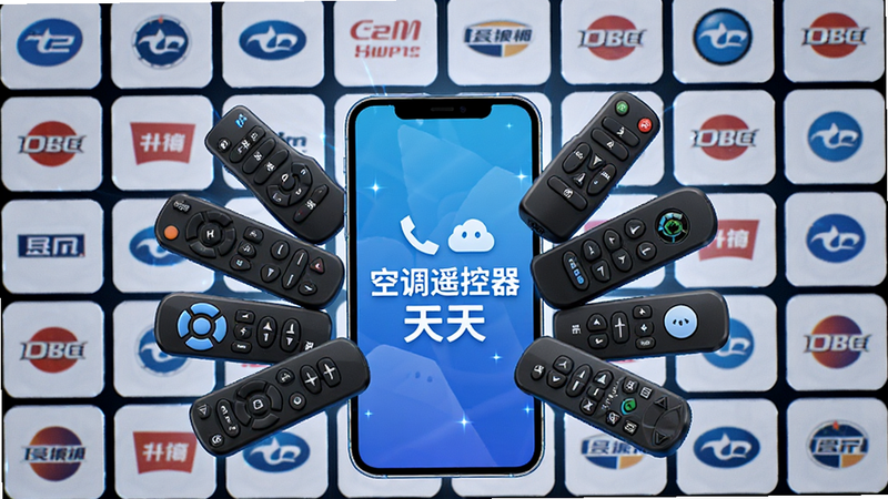 一幅展示各种品牌空调遥控器图标汇聚到一部手机屏幕中的创意概念图,手机屏幕中央显示“空调遥控器天天”字样,背景是网格状的品牌Logo墙,整体布局整齐,风格科技感十足,画质清晰,细节丰富,无多余元素