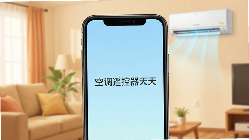 一张智能手机屏幕特写,屏幕正中央显示“空调遥控器天天”的APP操作界面,界面风格为简洁的扁平化设计,背景是淡蓝色的渐变,手机周围环境是温馨的客厅,空调在背景中处于开启状态,布局清晰,主体突出,画质高清干净,无多余元素