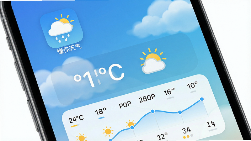 高清手机界面展示,主屏幕显示“懂你天气”应用图标,背景为渐变色蓝天白云,中部展示当前温度与天气图标,下方为24小时预报折线图,整体布局简洁现代,风格清新自然,细节丰富,画质干净,无多余元素。