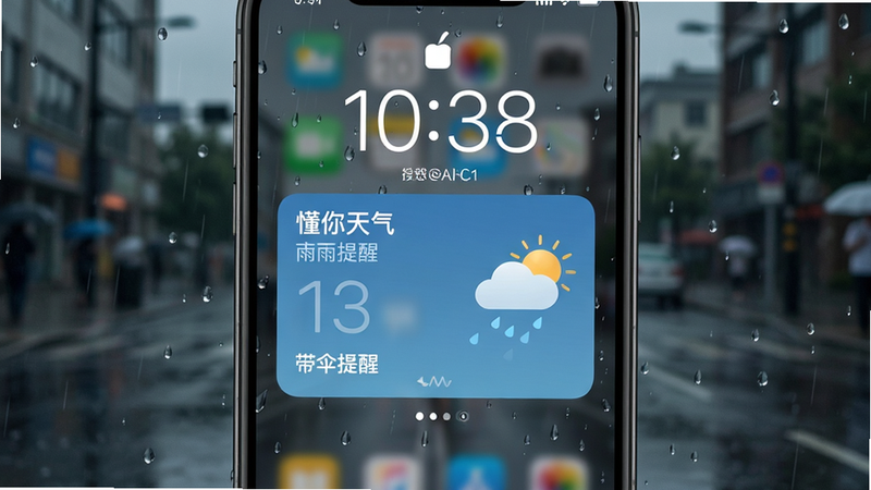 手机锁屏界面显示“懂你天气”降雨提醒卡片,卡片上写着“带伞提醒”,背景为阴雨天街道,雨滴清晰可见,布局居中,风格写实,细节丰富,画质干净,无多余元素。