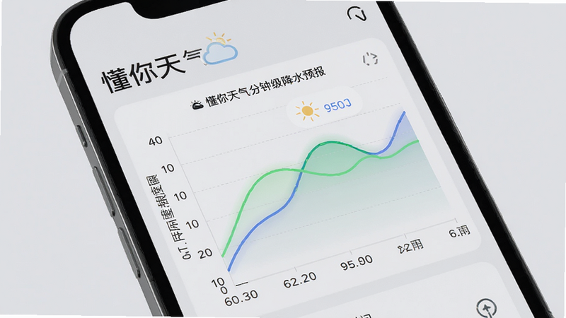 手机界面显示“懂你天气”分钟级降水预报图表,横轴为时间,纵轴为降雨强度,曲线平滑,界面清晰,背景为浅灰色,风格简约,细节丰富,画质干净,无多余元素。