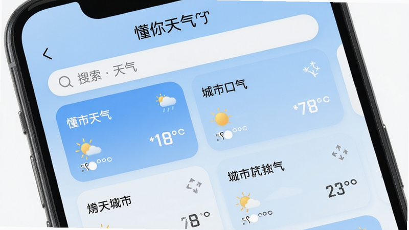 手机界面显示“懂你天气”多城市管理页面,顶部有搜索框,下方排列多个城市卡片,每个卡片显示城市名和温度,背景为浅蓝色,风格简洁,布局整齐,细节丰富,画质干净,无多余元素。