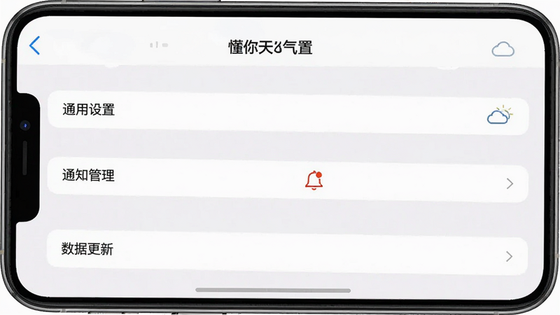 手机截图显示“懂你天气”设置页面,包含“通用设置”、“通知管理”、“数据更新”等选项,列表清晰,背景为白色,风格简约,细节丰富,画质干净,无多余元素。