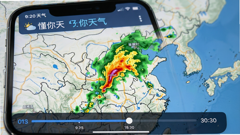 手机界面展示“懂你天气”雷达回波图,地图上叠加绿色黄色红色区域,代表降雨强度,底部有时间轴,风格写实,细节丰富,画质干净,无多余元素。