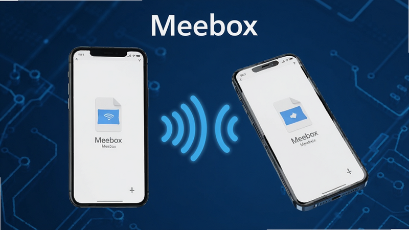 一张展示Meebox跨设备传输功能的动态效果图,画面中两部手机通过无线信号连接,正在传输文件,背景为科技感蓝色调,风格简洁,画质清晰,干净无多余元素,包含“Meebox”软件名称。