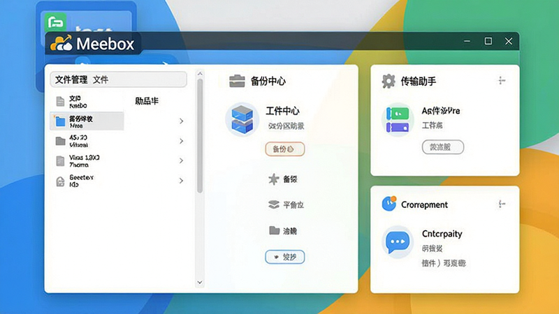 一张展示Meebox软件主界面的高清截图,界面布局清晰,分为文件管理、备份中心、传输助手等主要功能模块,背景为现代简约风格,色彩明快,整体风格干净整洁,画质清晰,无多余元素,突出软件名称“Meebox”的Logo。
