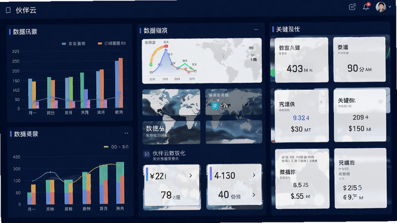 伙伴云数据可视化仪表盘截图,包含多张彩色统计图表和关键指标卡片,背景为深蓝色数据大屏风格,数据清晰可读,整体布局专业美观,画质高清,无多余元素