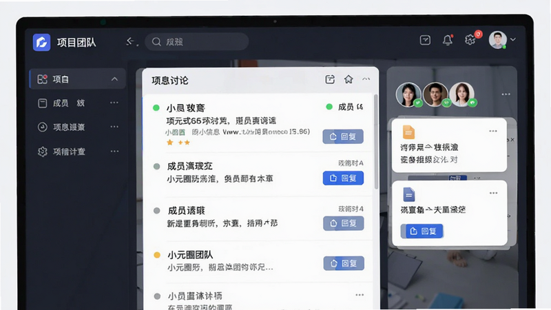 小元圈团队协作界面,主体为项目讨论区,布局包含消息列表、成员头像和文件卡片,排版采用信息流形式,风格专业友好,细节包括在线状态标识与回复按钮,画质清晰无多余元素