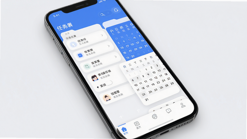 小元圈主界面展示,主体为手机屏幕内的应用主界面,布局清晰展示任务列表、日历视图与底部导航栏,排版采用左右分栏式设计,风格现代简约,细节包括圆角卡片、柔和阴影与蓝色主色调,画质高清干净,无多余元素