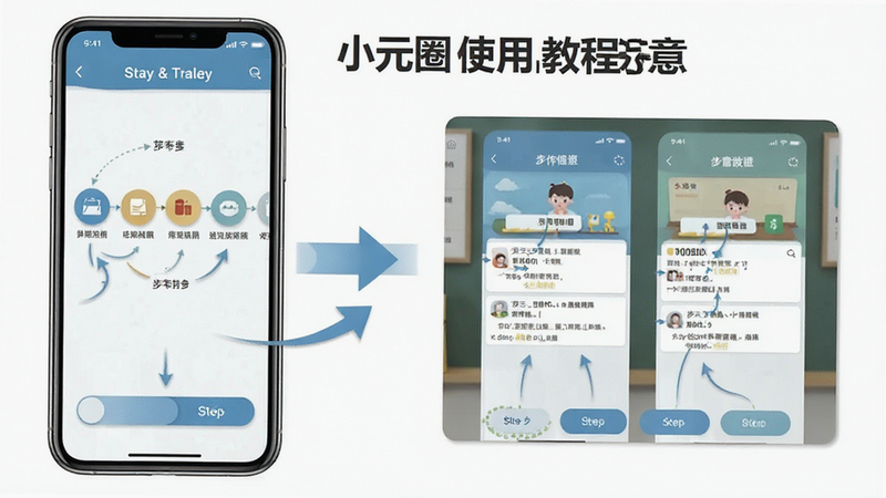 小元圈使用教程示意,主体为手机屏幕显示操作步骤,布局包含步骤条与界面截图,排版清晰,风格教学化,细节包括箭头指引和文字标注,画质干净无多余元素