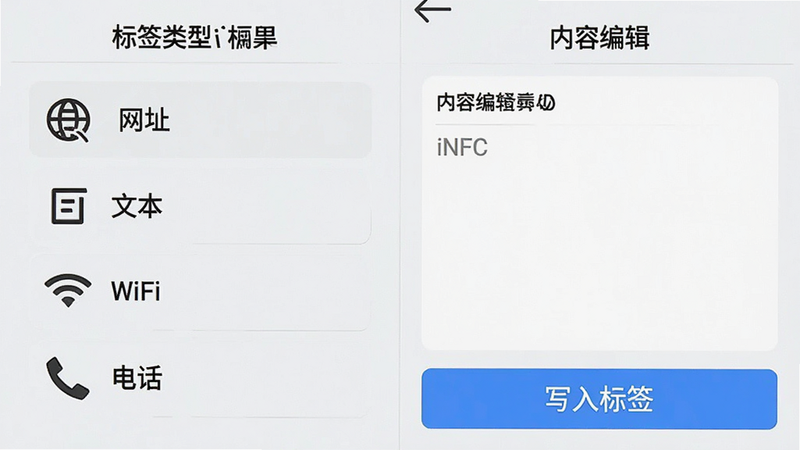 һ��iNFCi����NFC��ǩ������ʾ��ͼ������Ǳ�ǩ����ѡ��˵�����������ַ�������ı�������WiFi�������绰���ĸ�ѡ��Ҳ������ݱ༭���򣬵ײ���һ����д���ǩ������ɫ��ť�����������ǳɫ����Ϊ����ͼ�����������ֹ��������ʸɾ����޶���Ԫ��