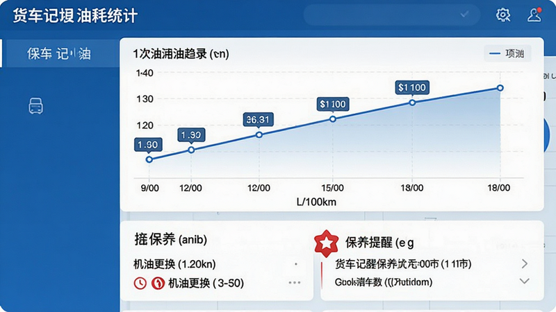 主体:货车记应用的油耗统计页面,显示最近十次加油记录,以折线图展示油耗趋势,下方列出保养提醒事项。布局:图表居中,数据标签清晰,保养提醒以红色徽标突出。排版:图表与列表结合,信息易读。风格:数据可视化风格,商务蓝为主色调。细节:折线图坐标轴标注“L/100km”,保养项目如“机油更换”带时间图标。画质:高清,干净,无多余元素。