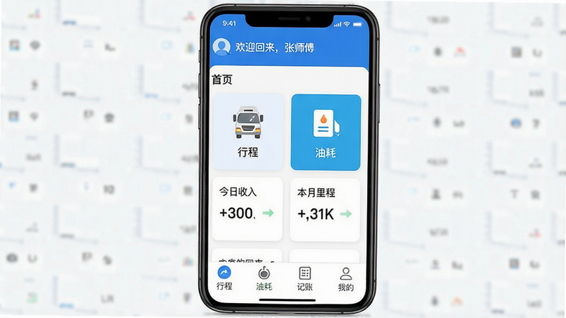 主体:货车记应用的主界面,显示“首页”功能模块,包括“行程”、“油耗”、“记账”、“我的”四个底部标签。布局:手机屏幕居中,界面整洁,图标清晰。排版:卡片式布局,色彩和谐。风格:现代简约,蓝白配色。细节:屏幕上方显示“欢迎回来,张师傅”,下方有今日收入、本月里程等数据。画质:高清,干净,无多余元素。