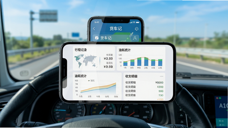 主体:一辆现代货车行驶在高速公路上,驾驶室中控台上放置一部手机,屏幕清晰显示“货车记”应用界面,界面内有行程数据、油耗图表和记账条目。布局:手机屏幕特写居中,背景为虚化的公路和蓝天,前景有方向盘一角。排版:手机界面信息层级分明,图表简洁。风格:写实风格,色彩明亮,科技感。细节:界面上的文字标签如“行程记录”、“油耗统计”、“收支明细”清晰可读,手机屏幕反光自然。画质:高清,干净,无多余元素。