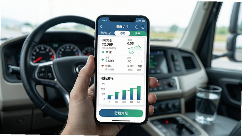 主体:一部手机显示货车记应用运行界面,背景为整洁的驾驶室,方向盘和仪表盘清晰可见。布局:手机位于画面中央,周围有轻微的景深效果。排版:应用界面展示行程记录和油耗图表,文字清晰。风格:写实与科技感结合。细节:手机屏幕上有“行程开始”按钮,背景中有一杯水。画质:高清,干净,无多余元素。