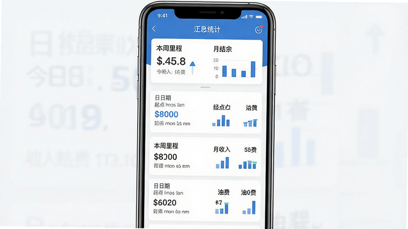 主体:货车记应用界面展示行程列表,每条行程包含日期、起点终点、里程、收入、油费等字段,列表上方有汇总统计卡片。布局:手机屏幕垂直展示,列表清晰,顶部为统计概览。排版:信息排列整齐,字体清晰,重点数据用蓝色高亮。风格:扁平化UI设计,简洁商务。细节:界面中显示“今日收入”、“本周里程”、“月结余”等字样,数据以数字和柱状图呈现。画质:高清,无多余元素,干净。
