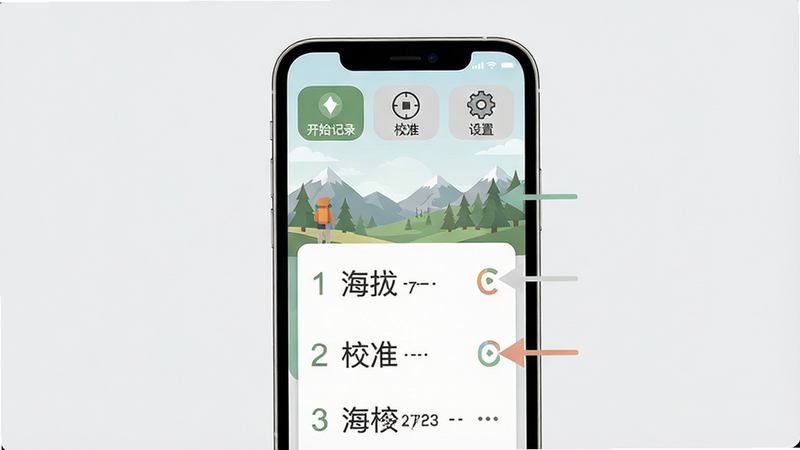 主体:手机屏幕展示实时海拔表的使用步骤界面,带有操作指引箭头。布局:手机居中,背景为浅灰色,步骤列表排列。排版:每一步有数字编号,字体清晰。风格:扁平化,柔和色调。细节:手机屏幕上有“开始记录”、“校准”、“设置”等图标,背景有户外风景插图。画质:高清,干净,无多余元素。