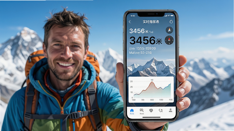 主体:一位登山者手持手机,屏幕上清晰显示“实时海拔表”应用界面,界面中有海拔数字、坐标信息和山脉背景。布局:手机居中,登山者位于左侧,背景为雪山与蓝天。排版:应用界面上的海拔数字“3456米”大字显示,坐标信息排列有序。风格:写实风格,色彩明亮,突出手机屏幕内容。细节:手机屏幕上可见海拔曲线图和指南针图标,登山者穿着户外装备,面带微笑。画质:高清,干净,无多余元素。
