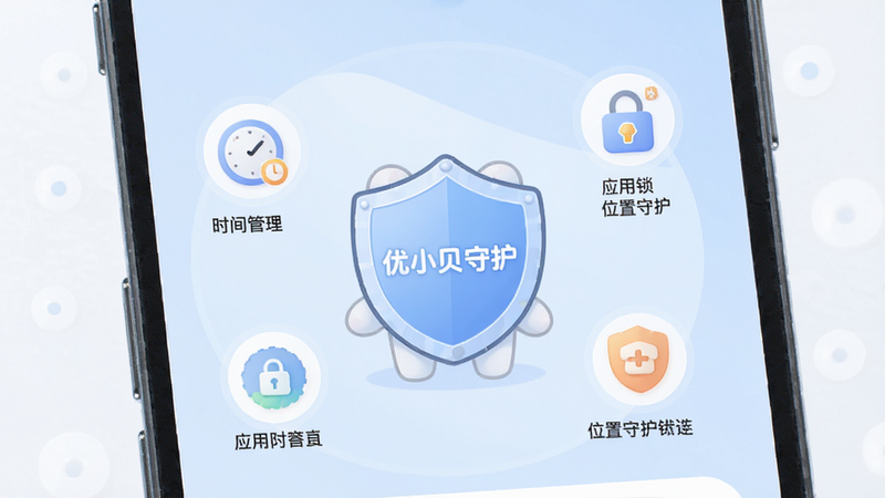 画面主体为一部智能手机屏幕显示优小贝守护主界面,界面以淡蓝色为主色调,中央有一个可爱的盾牌卡通形象,盾牌上印有
