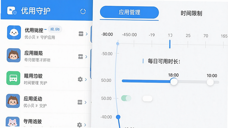 画面主体为优小贝守护应用内的时间管理设置页面,左侧是应用列表,右侧是时间轴,通过拖动滑块可以设置每日可用时长,界面上方有