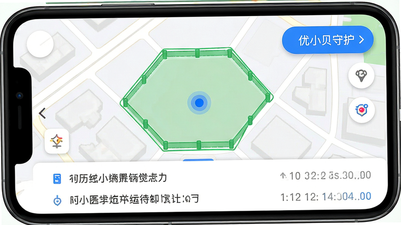 画面主体为一张手机地图界面,地图上显示一个蓝色圆点代表孩子当前位置,周围有绿色围栏区域,右上角有