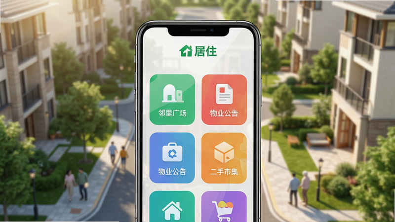 主体:智能手机屏幕展示《居住》APP主界面,背景是温馨的现代小区俯瞰图。布局:手机居中,界面清晰显示“邻里广场”、“物业公告”、“二手市集”等彩色功能图标,顶部有“居住”绿色logo。排版:界面扁平化设计,图标排列整齐,色彩明快。风格:写实与UI设计结合,明亮通透,干净整洁。细节:屏幕反光自然,小区环境有绿树和行人,体现和谐社区氛围。画质:8k超高清,细节丰富,无多余元素。