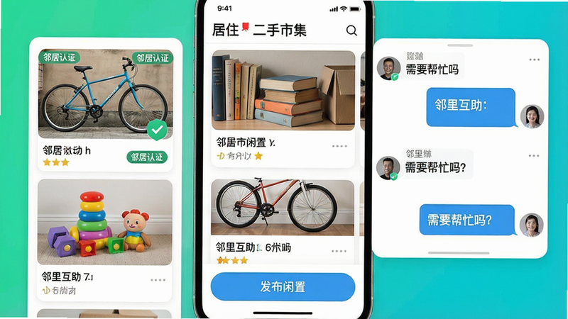 主体:《居住》APP的“二手市集”功能界面,展示多张商品图片与“邻里互助”对话气泡。布局:手机界面占主画面,左侧有自行车、书籍、儿童玩具等闲置物品图片,右侧是居民对话窗口。排版:商品卡片式排列,信息标签清晰,对话窗口显示“需要帮忙吗?”字样。风格:现代UI设计,色彩活泼,图标简洁。细节:商品图片带有“邻居认证”小标识,界面底部有“发布闲置”按钮。画质:高分辨率,色彩饱满,无多余元素。